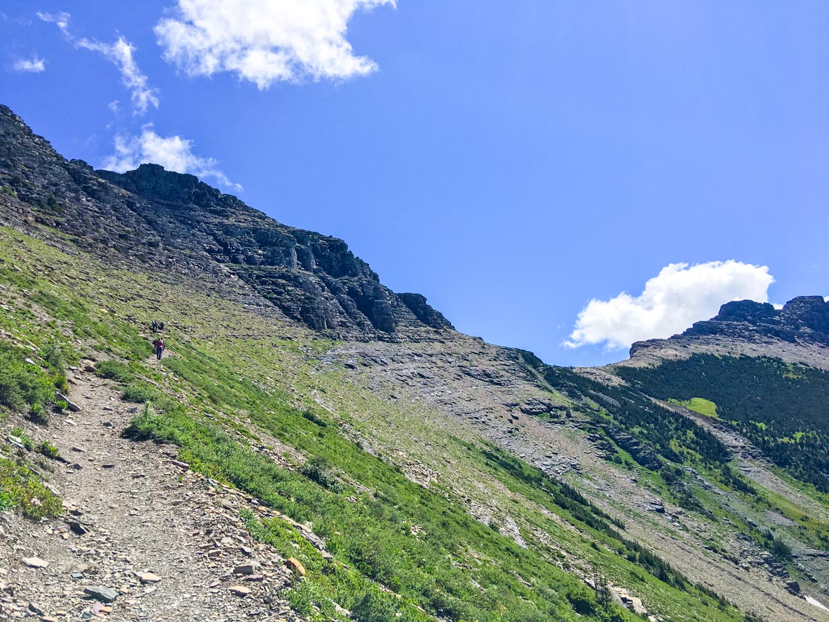 Beautiful hike of Highline backpacking trail in Glacier National Park, Montana