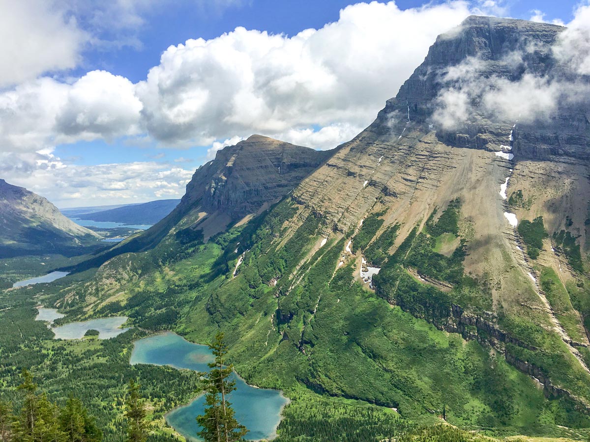 Lake Josephine view on Highline backpacking trail in Glacier National Park, Montana