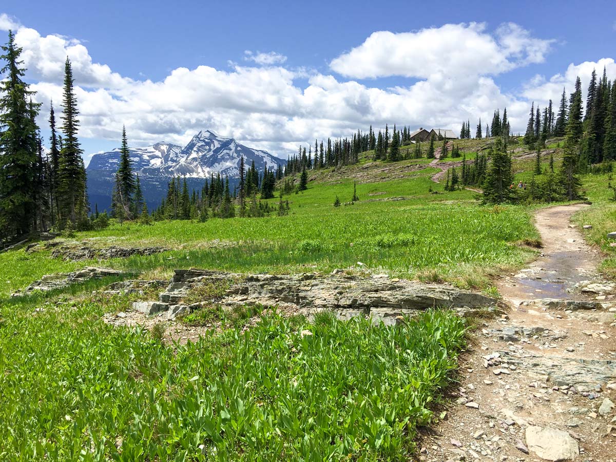 Approaching the Granite Park Chalet on Highline backpacking trail in Glacier National Park, Montana