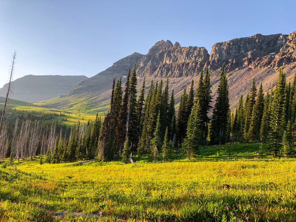 Beautiful views on hiking route of Highline backpacking trail in Glacier National Park, Montana