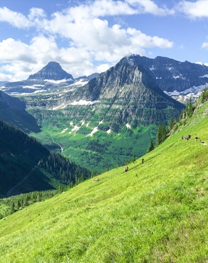 Looking down to the valley on Highline backpacking trail in Glacier National Park, Montana