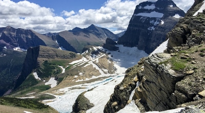 Grinnell Glacier views from Highline backpacking trail in Glacier National Park, Montana