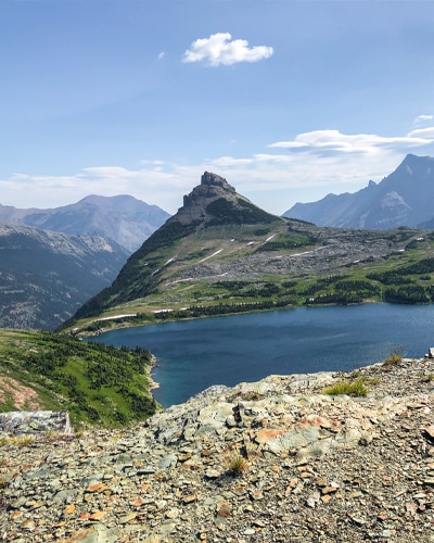 Scenic view of small peak on Highline backpacking trail in Glacier National Park, Montana
