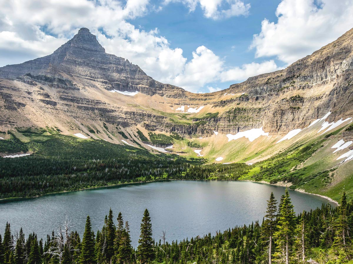 Lake surrounded by peaks on Pitamakan Dawson Loop Backpacking Trail in Glacier National Park