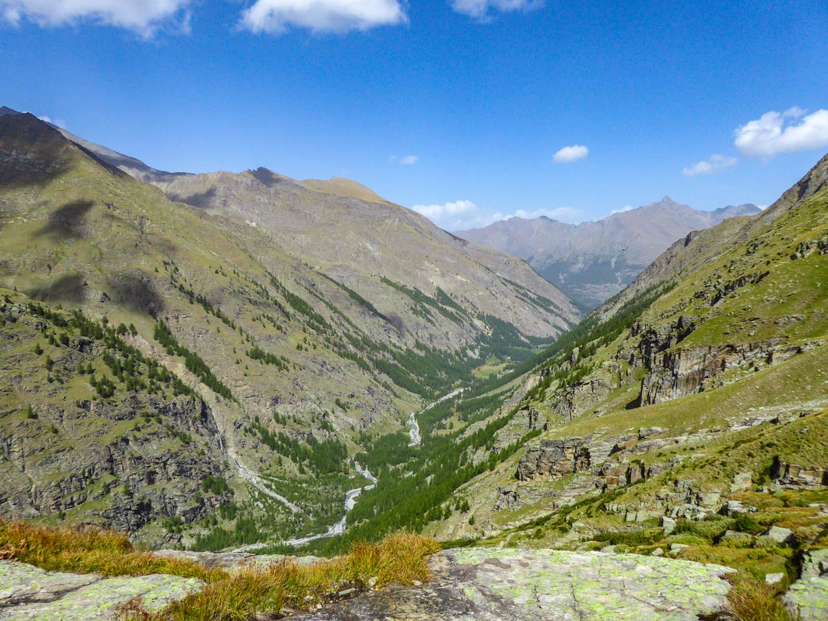 Looking back on Valnontey Valley on Alpe Money hike in Gran Paradiso National Park, Italy