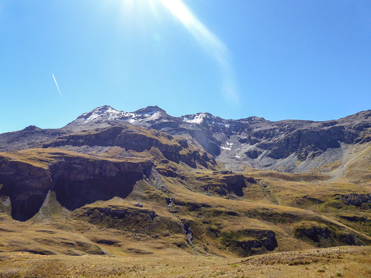 Snowy peaks along the trail of Col de Saint-Marcel hike near Aosta Valley
