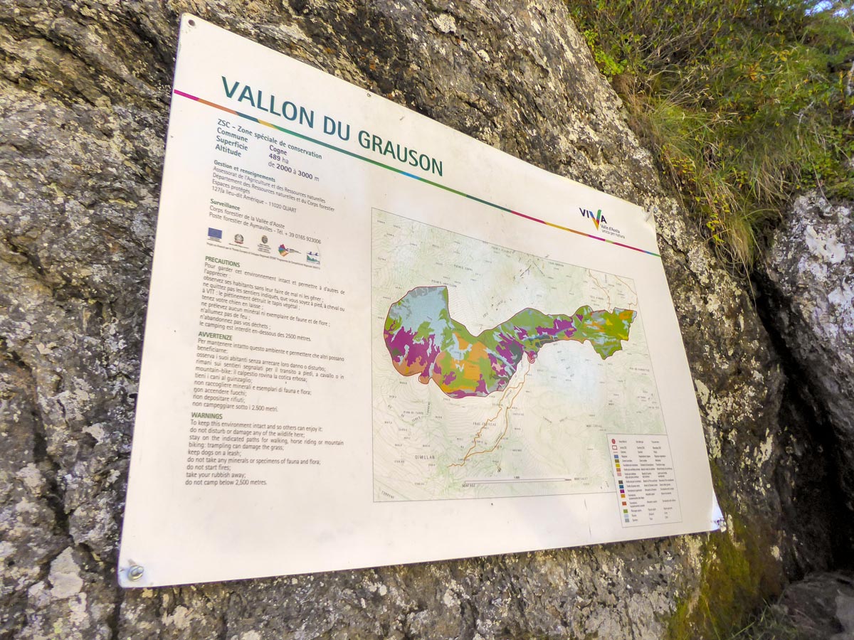 Information board in Grauson Valley on Col de Saint-Marcel hike in Gran Paradiso National Park, Italy