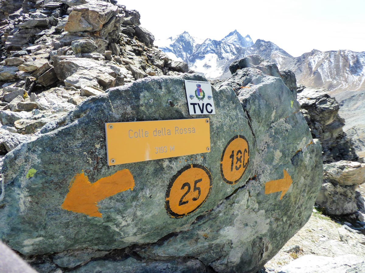 Signage on Colle della Rossa hike in Gran Paradiso National Park, Italy