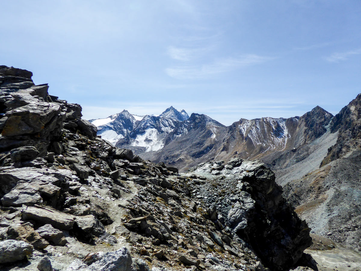 Rocky trail towards the pass on Colle della Rossa hike in Gran Paradiso National Park, Italy