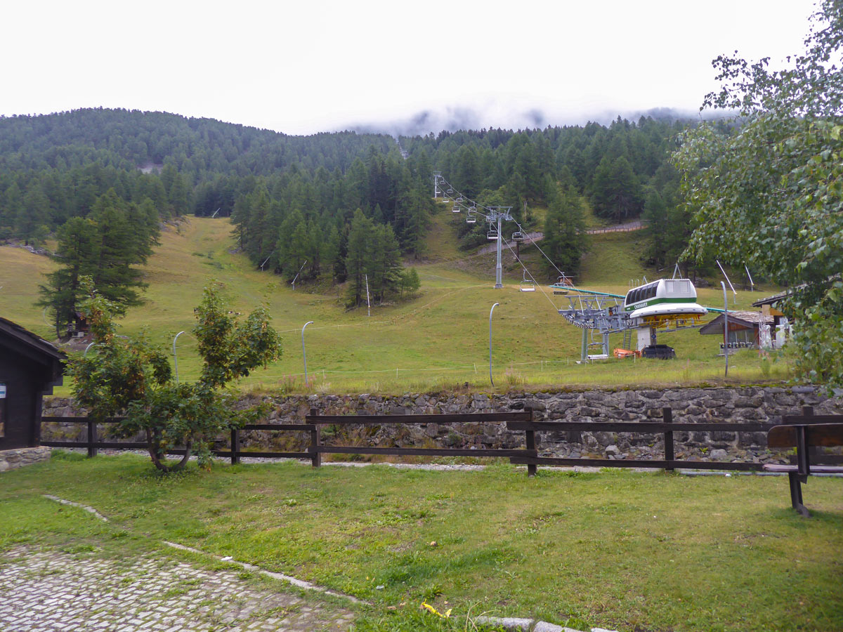 Cable cars of Chanavey ski resort on Lago Pellaud via the Grand Rû Ring hike near Gran Paradiso National Park, Italy