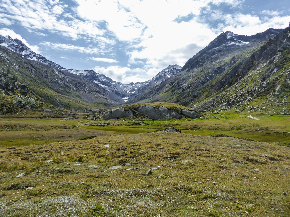 Beautiful meadow in Bardoney Valley on Lago di Loie hike in Gran Paradiso National Park, Italy