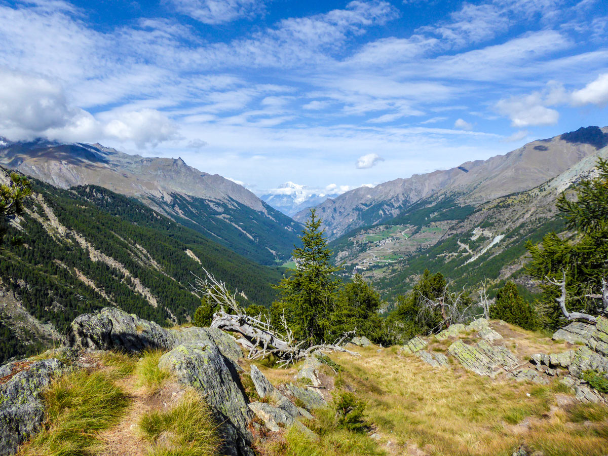 Valley views with Mt Blanc behind on Lago di Loie hike in Gran Paradiso National Park, Italy