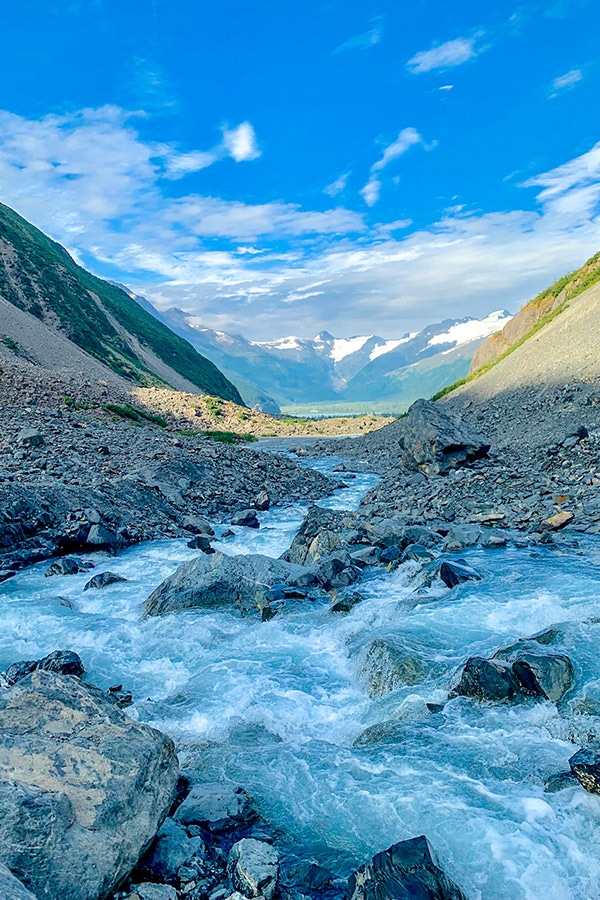 Noisy creek running from Byron Glacier towards Portage Lake in Kenai Alaska