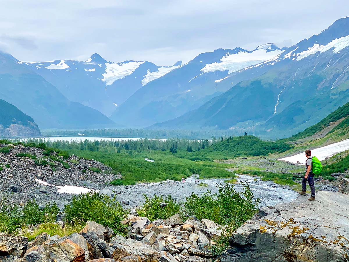 Portage Lake and Alaskan Mountains as seen from Byron Glacier Trail in Alaska