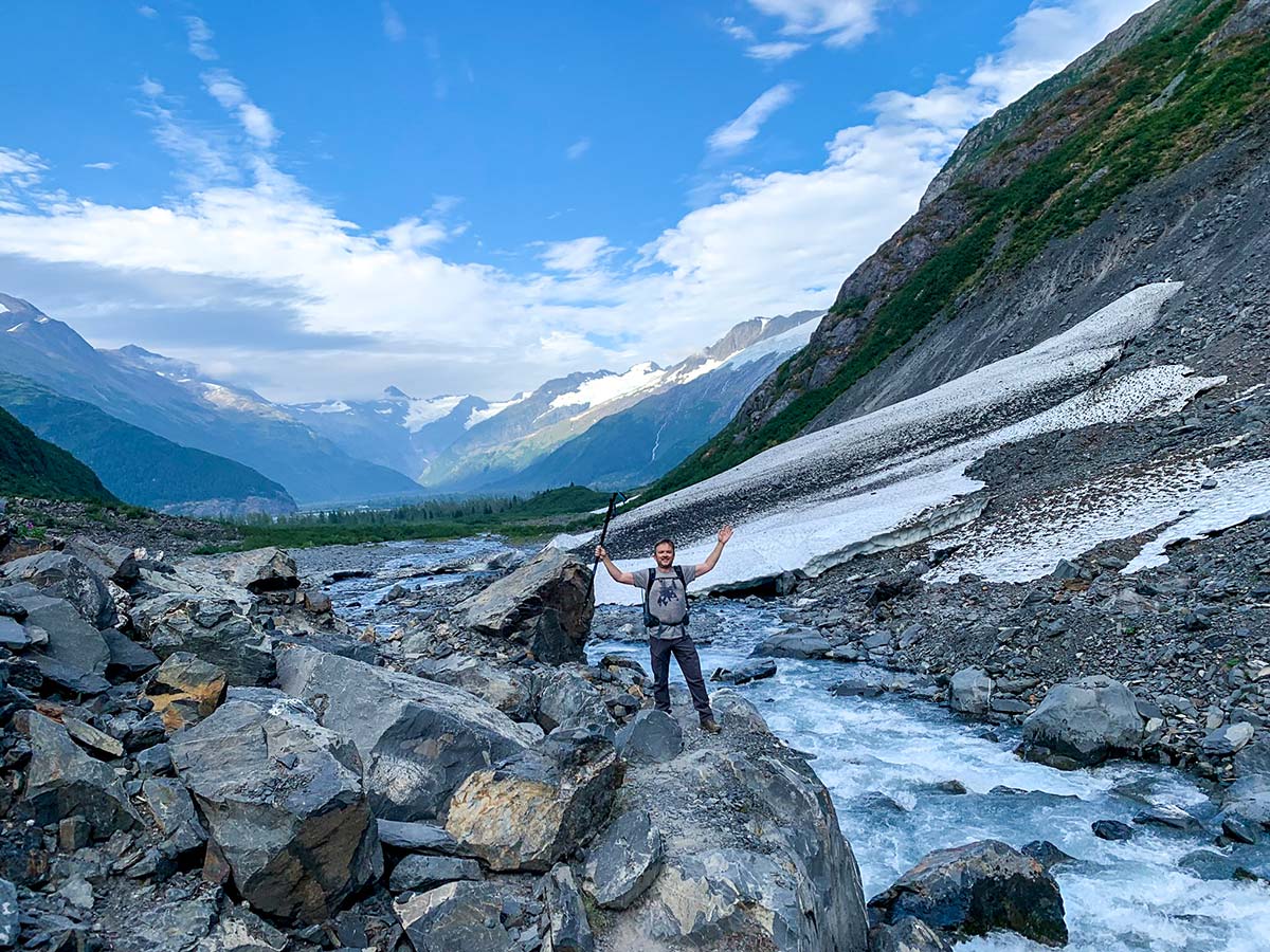 Hiker on Byron Glacier Trail Chugach State Park Alaska