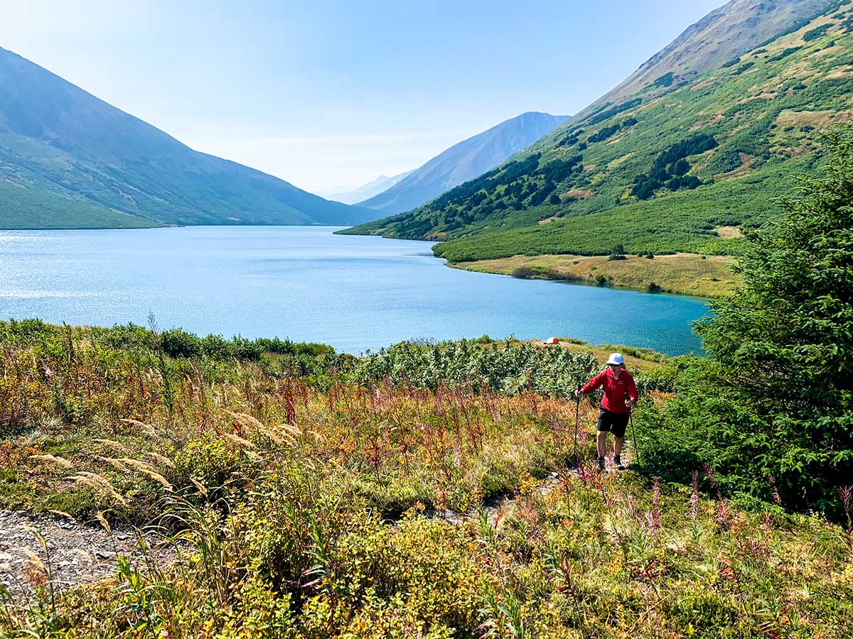 Hiker near Crescent Lake Trail in Kenai Peninsula Alaska