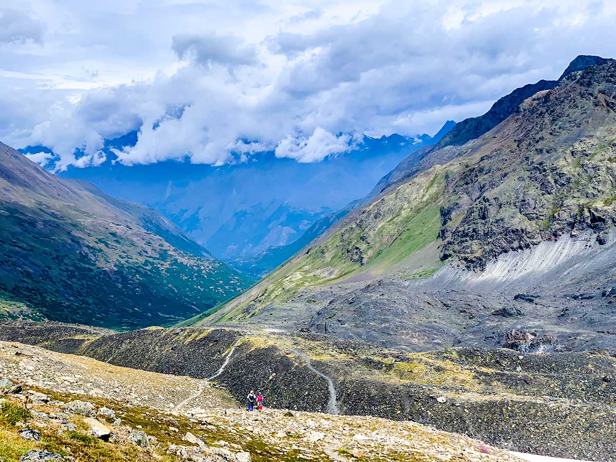 Expansive views of the valley below looking towards Girdwood on Crow Pass Hike