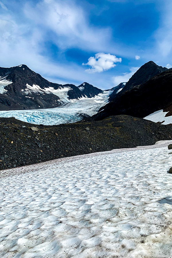 Snowy path near Raven Glacier on Crow Pass Hike in Chugach State Park