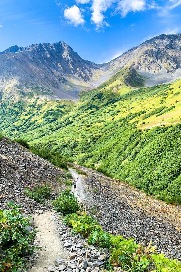 Wide path of Crow Pass Trail on a hike to Raven Glacier near Anchorage Alaska