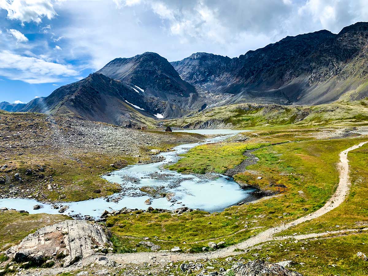 Crow Pass Cabin and Crystal Lake on Crow Pass Trail to Raven Glacier near Anchorage