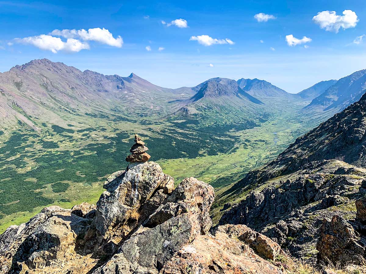 Cairn and valley views from Flattop Mountain Hike near Anchorage