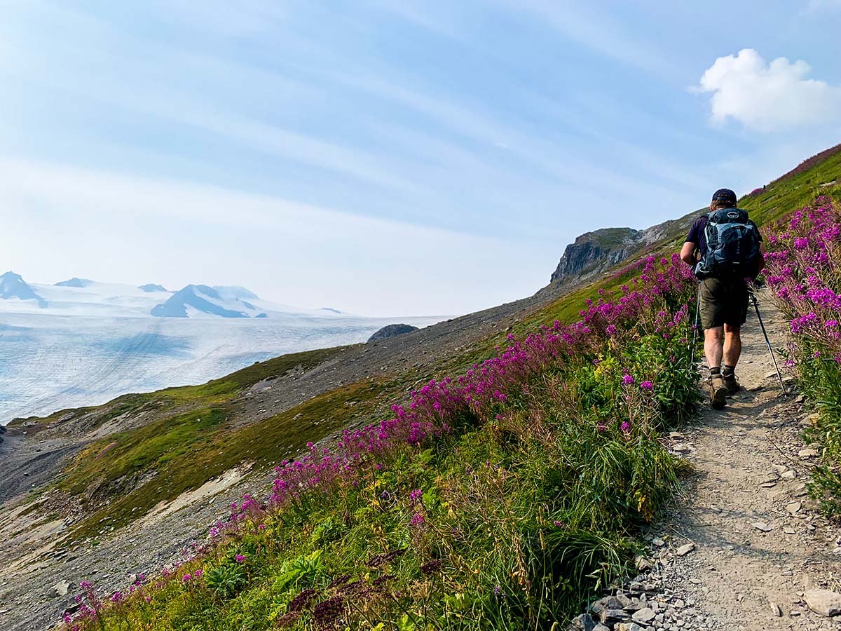 Hiker ascending on Harding Icefield Trail in Alaska