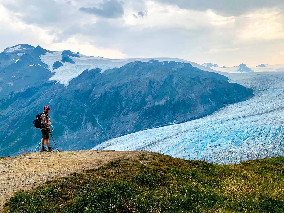 Hiker near top of Exit Glacier on Harding Icefield Trail in Alaska