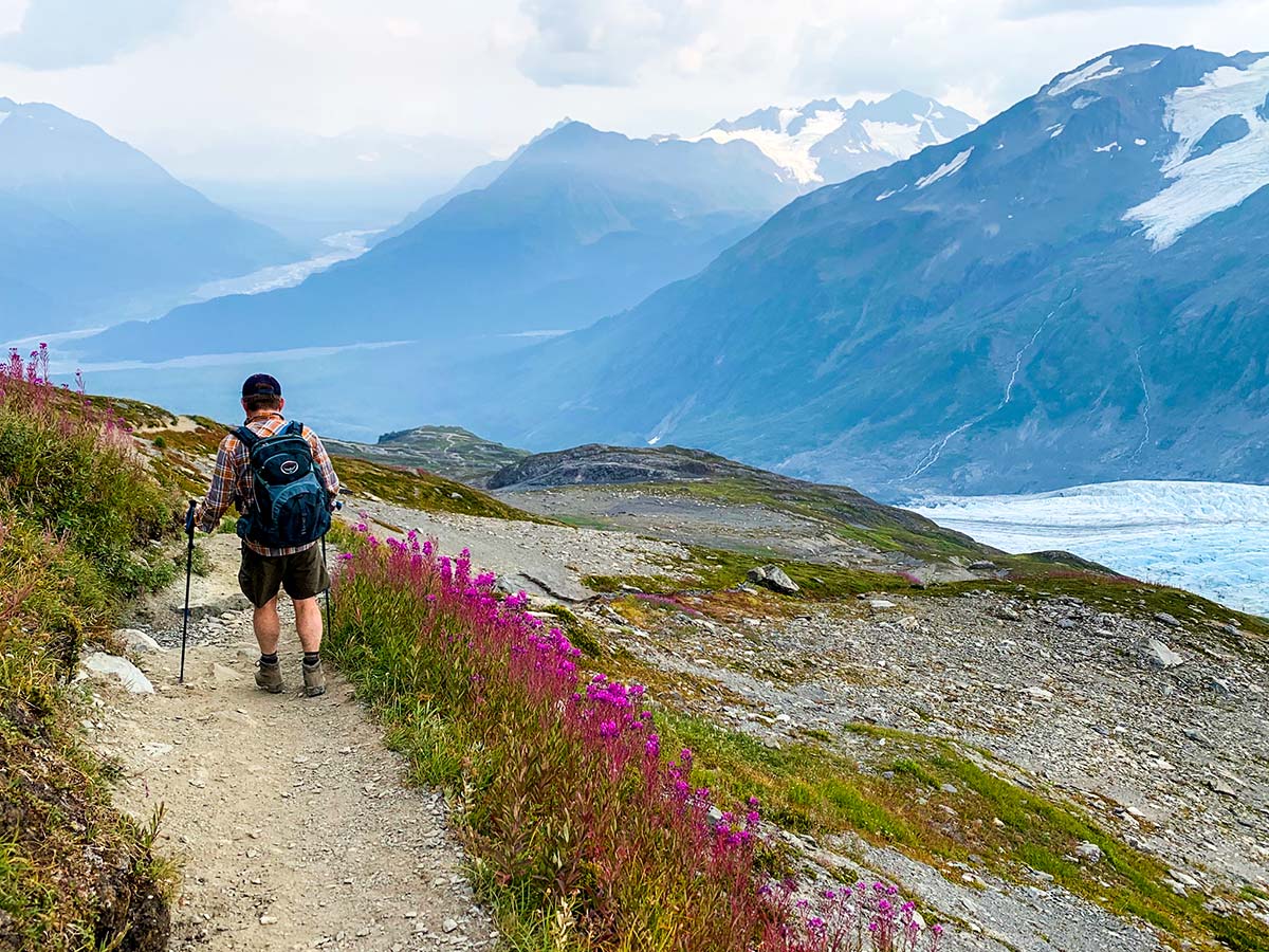 Looking down on the valley below on Harding Icefield Trail in Alaska