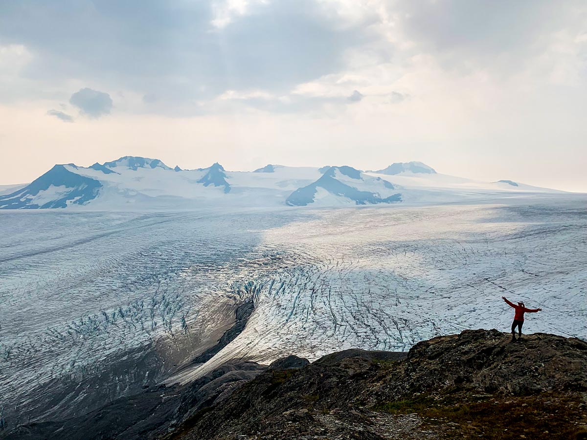 Hiker posing near Harding Icefield on trail from Exit Glacier in Alaska