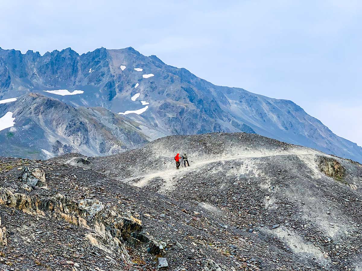 Hikers on Harding Icefield Trail in Kenai Fjords National Park Alaska