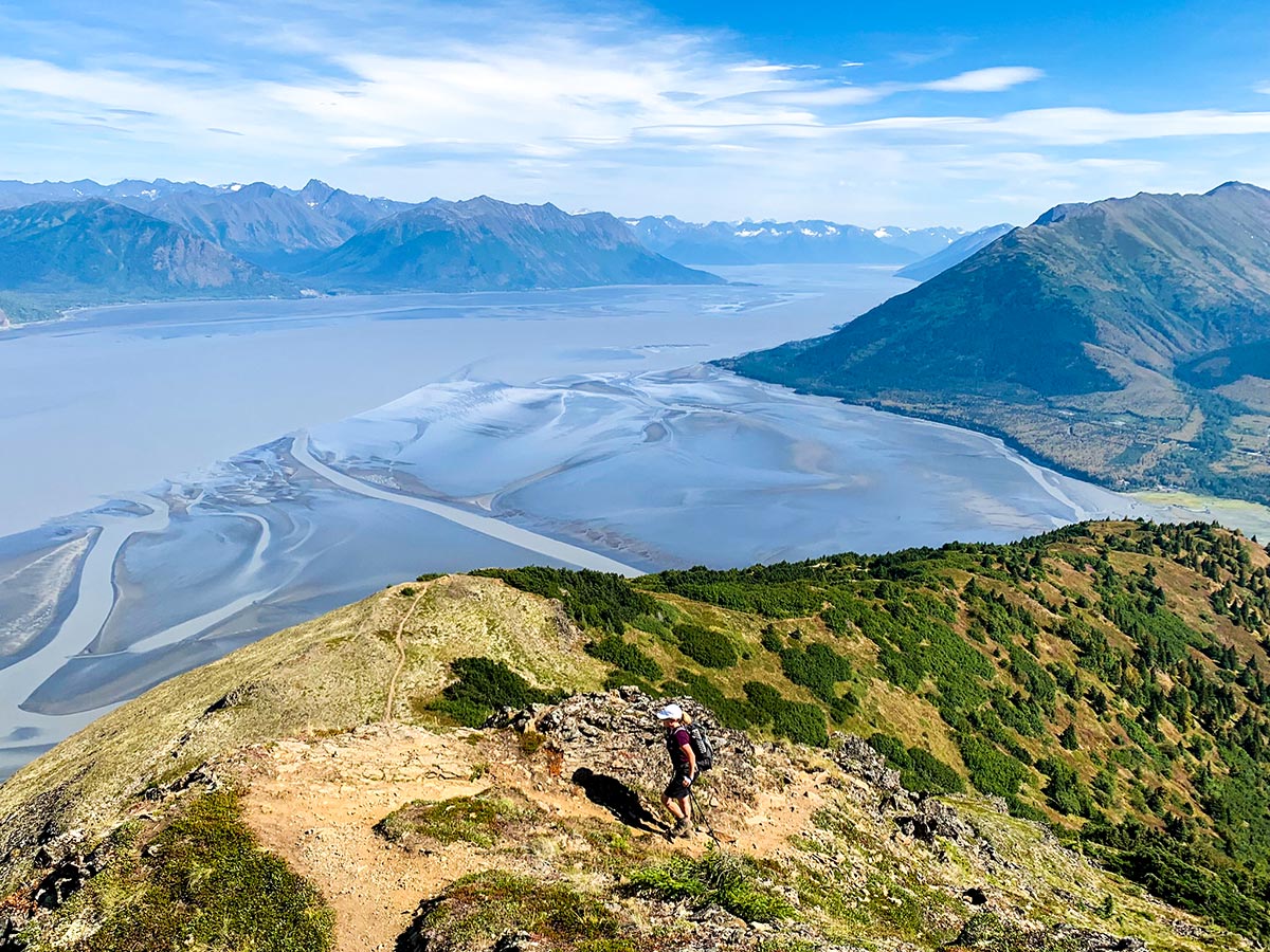 Turnagain Arm and Chugach Mountains behind on a trail to Hope Point