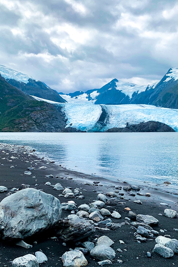 Rocks glacier and lots of ice on Portage Lake day hike in Alaska