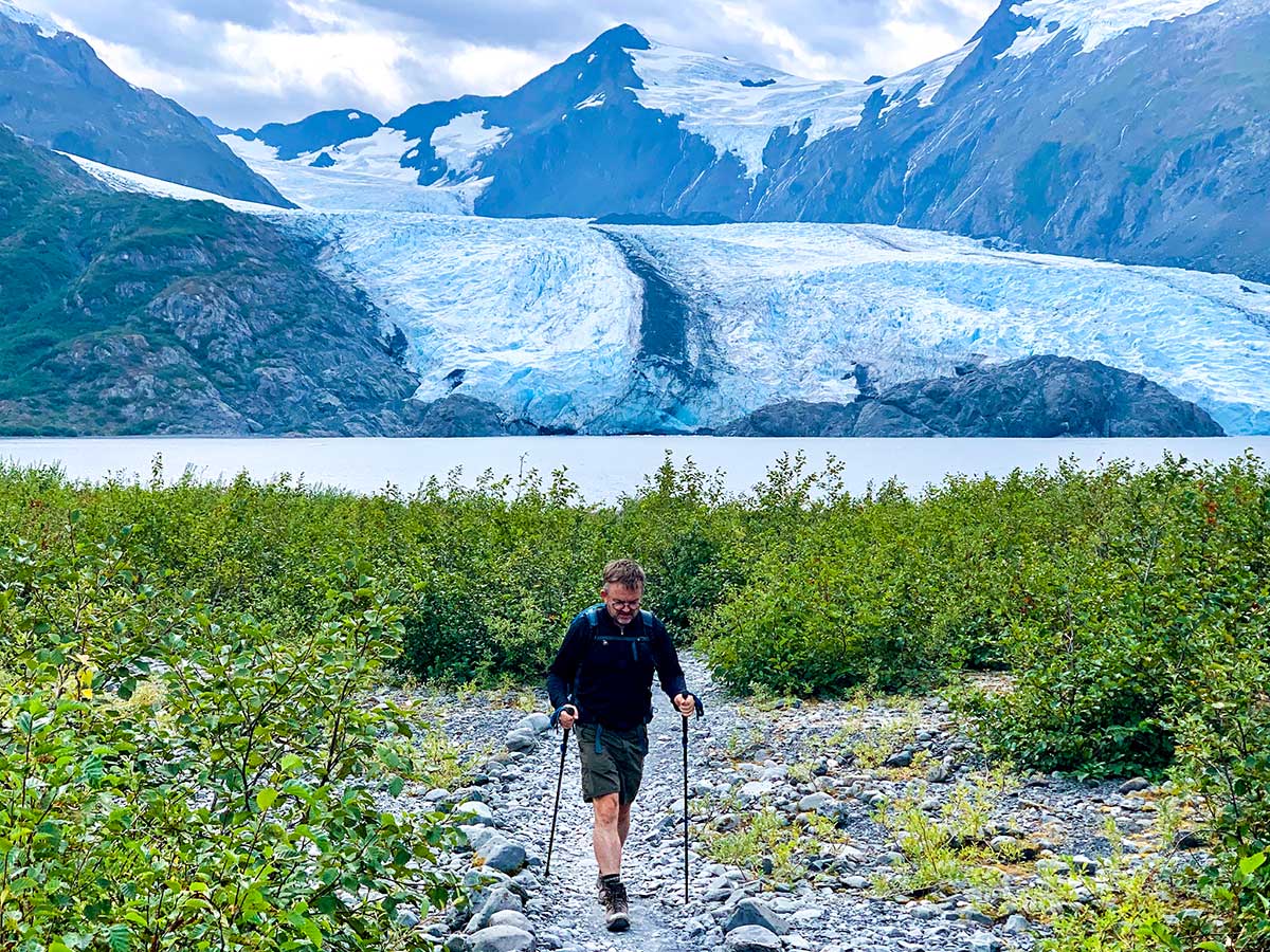 Hiking in front of Portage Glacier on Portage Lake trail in Kenai Peninsula