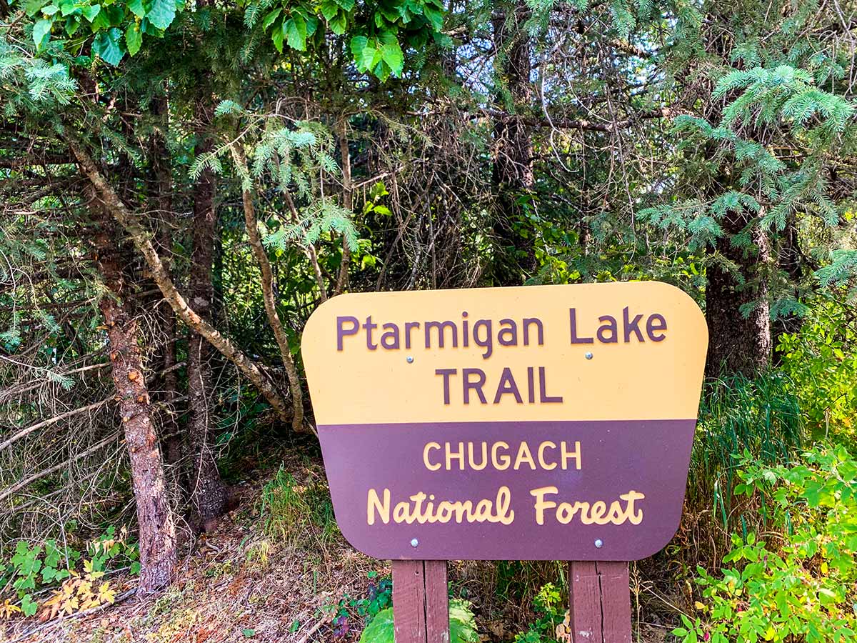 Trailhead sign near Ptarmigan Creek and Lake trail in Alaska