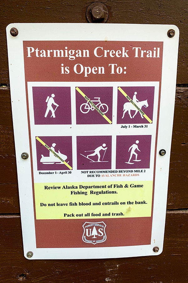 Information sign on Ptarmigan Creek Trail near Anchorage Alaska