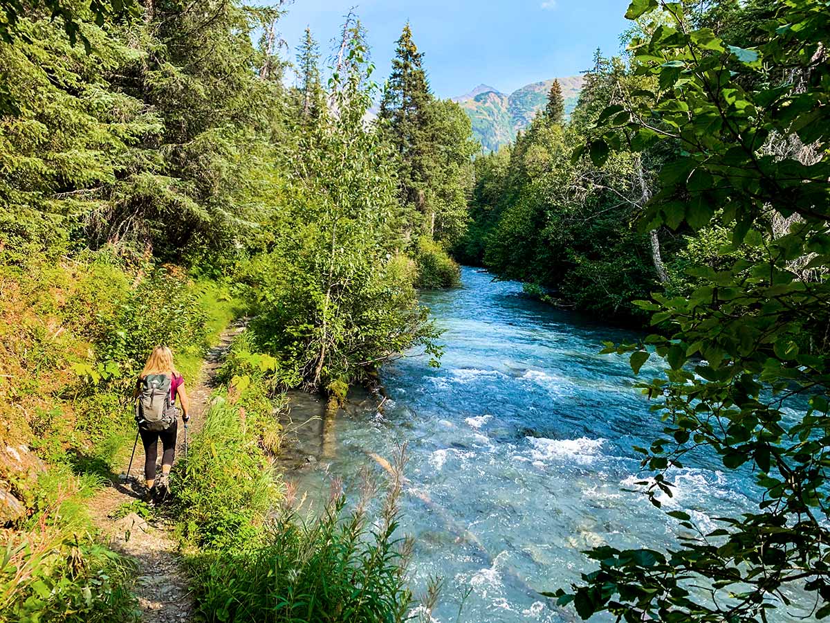 Hiker on Ptarmigan Creek and Lake Trail near Anchorage Alaska