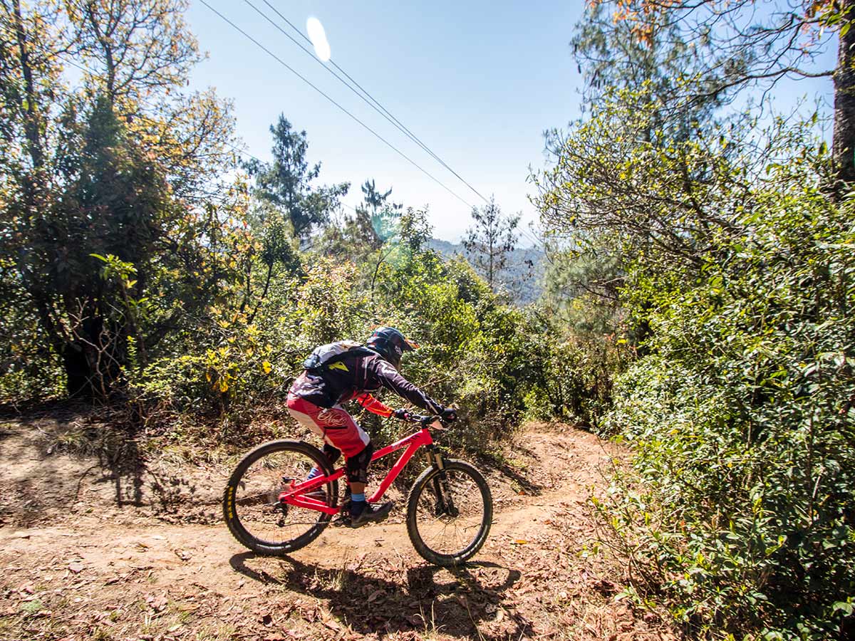 Riding the downhill trail in Nagarkot