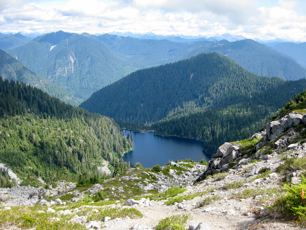Beautiful lake and valley from Howe Sound Crest trail in North Shore region of British Columbia