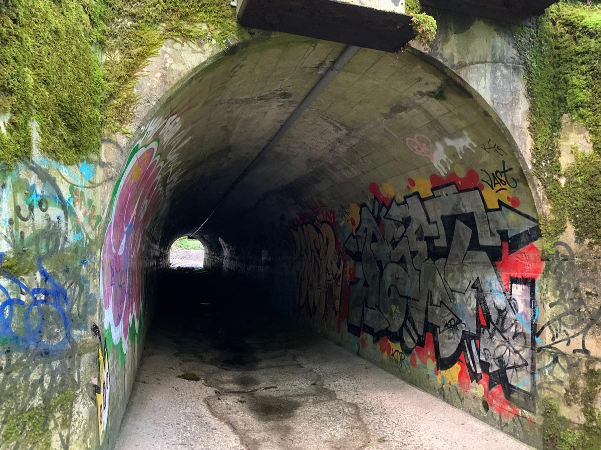 Grafittied tunnel through the hills and forest along Goldstream to Trestle hiking trail near Victoria