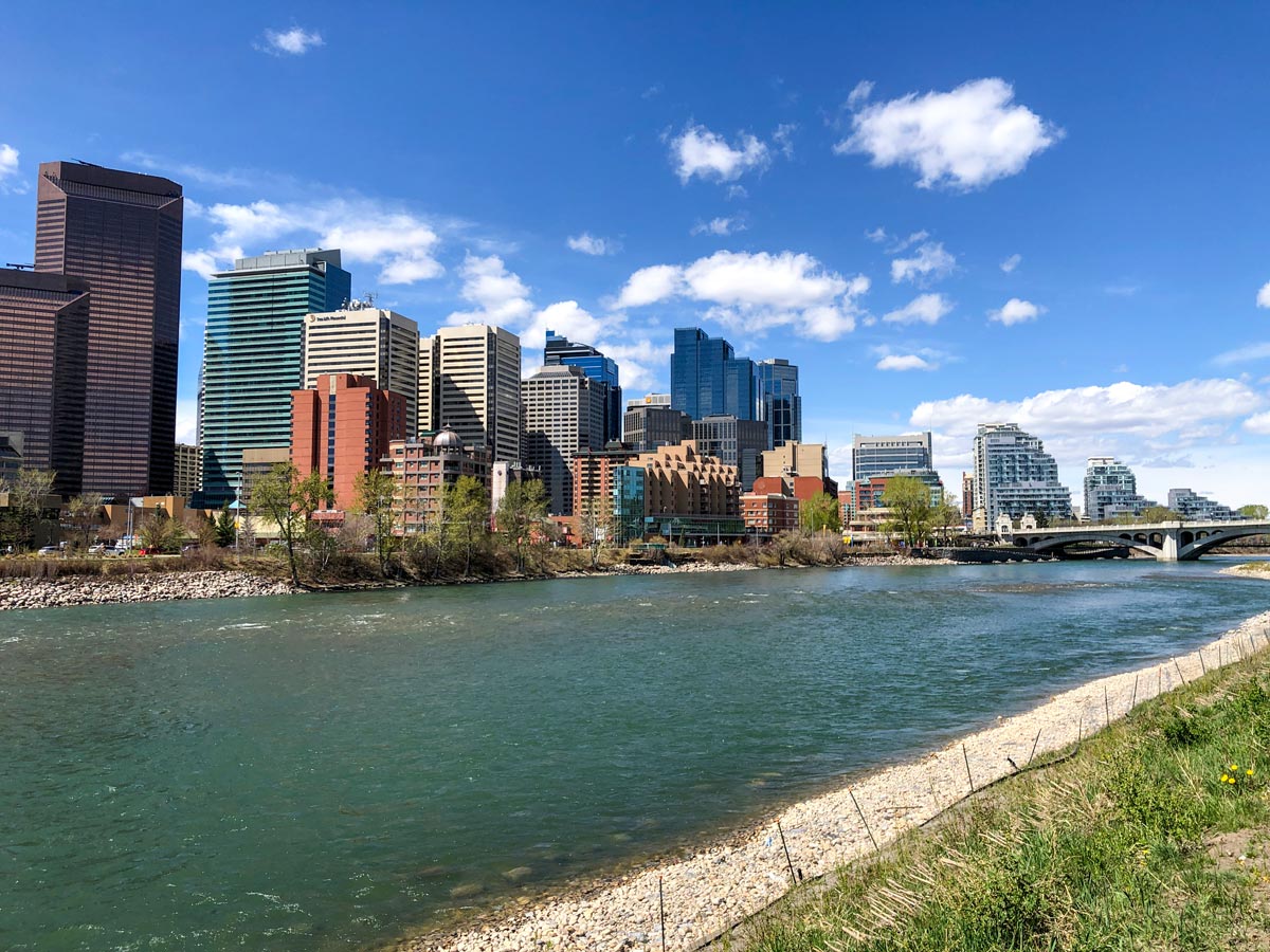 Bridge crossing the Bow river beside Downtown Calgary seen along city walk