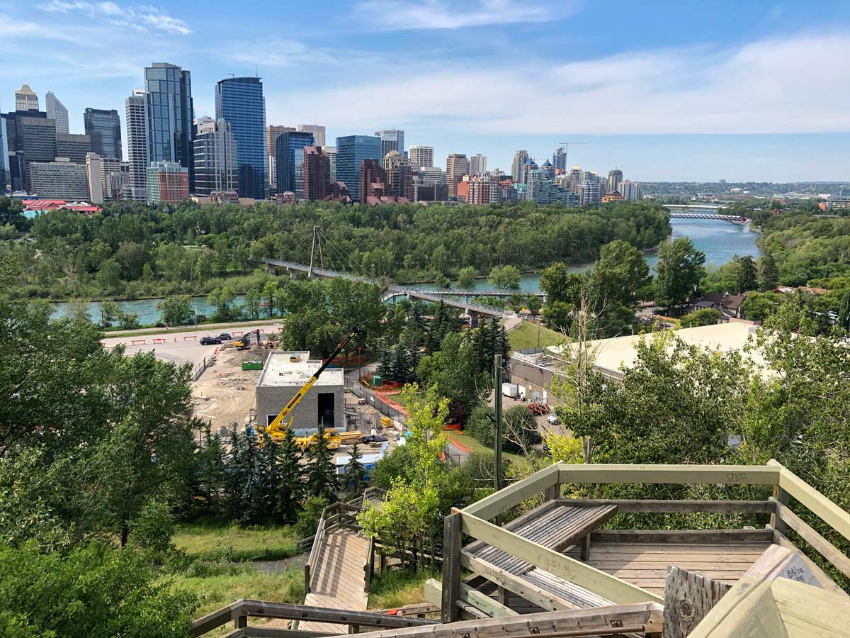 View of Calgary downtown and Bow river from memorial stairs along city walking trails