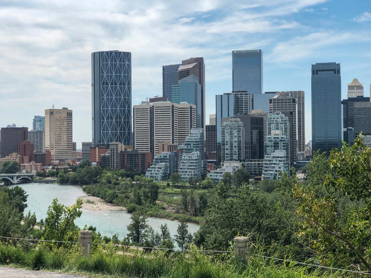 Skyscrapers in Downtown Calgary viewed from beautiful city walking trails