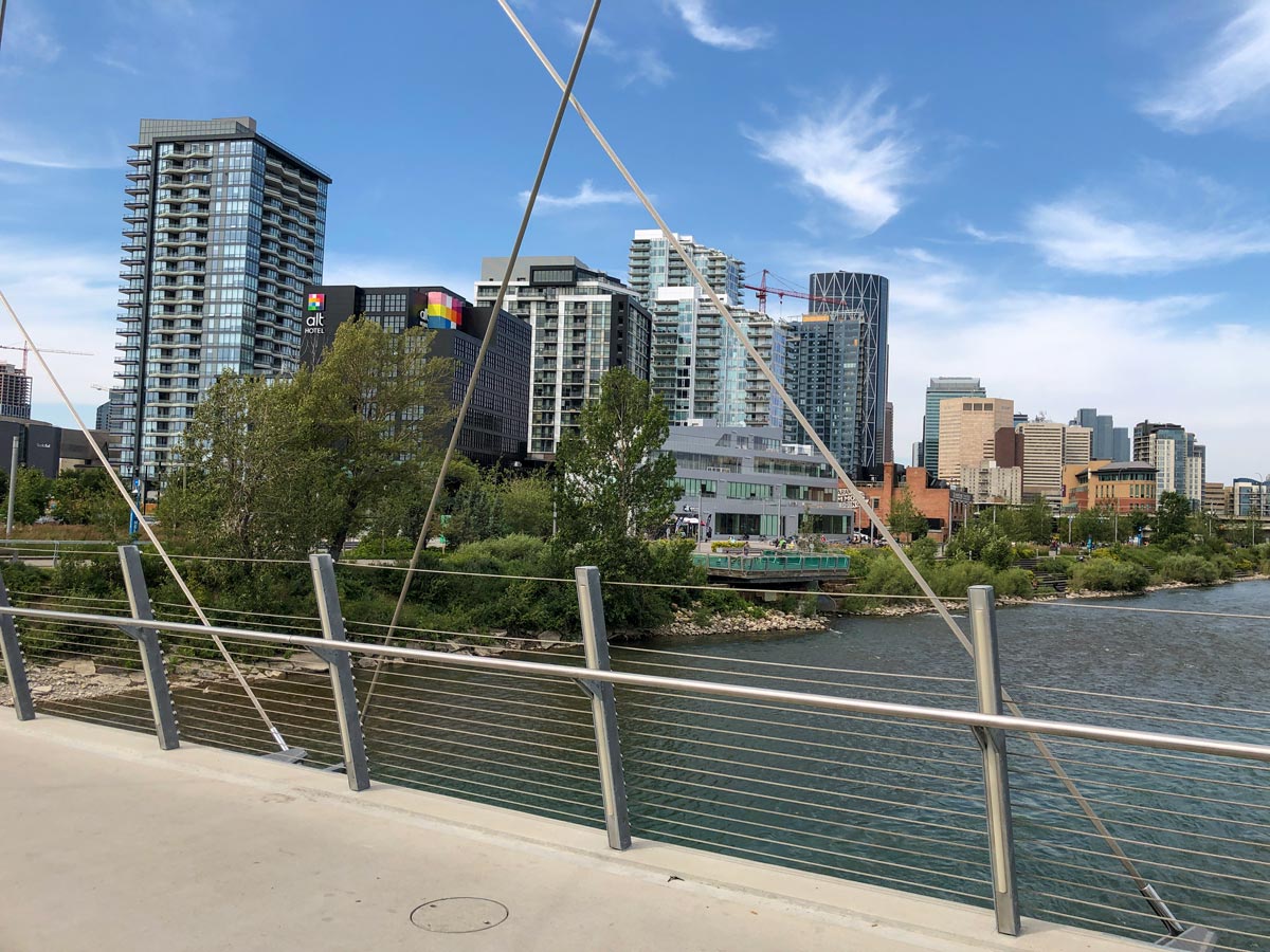 Modern bridge along walking path around Downtown Calgary