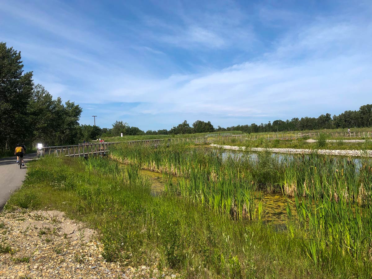 Bike path following riverside in Bowmont Park in Calgary Alberta