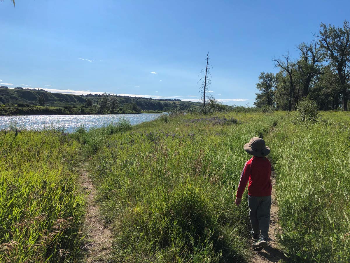 Boy exploring near Lafarge Meadows walking trail in Calgary Alberta