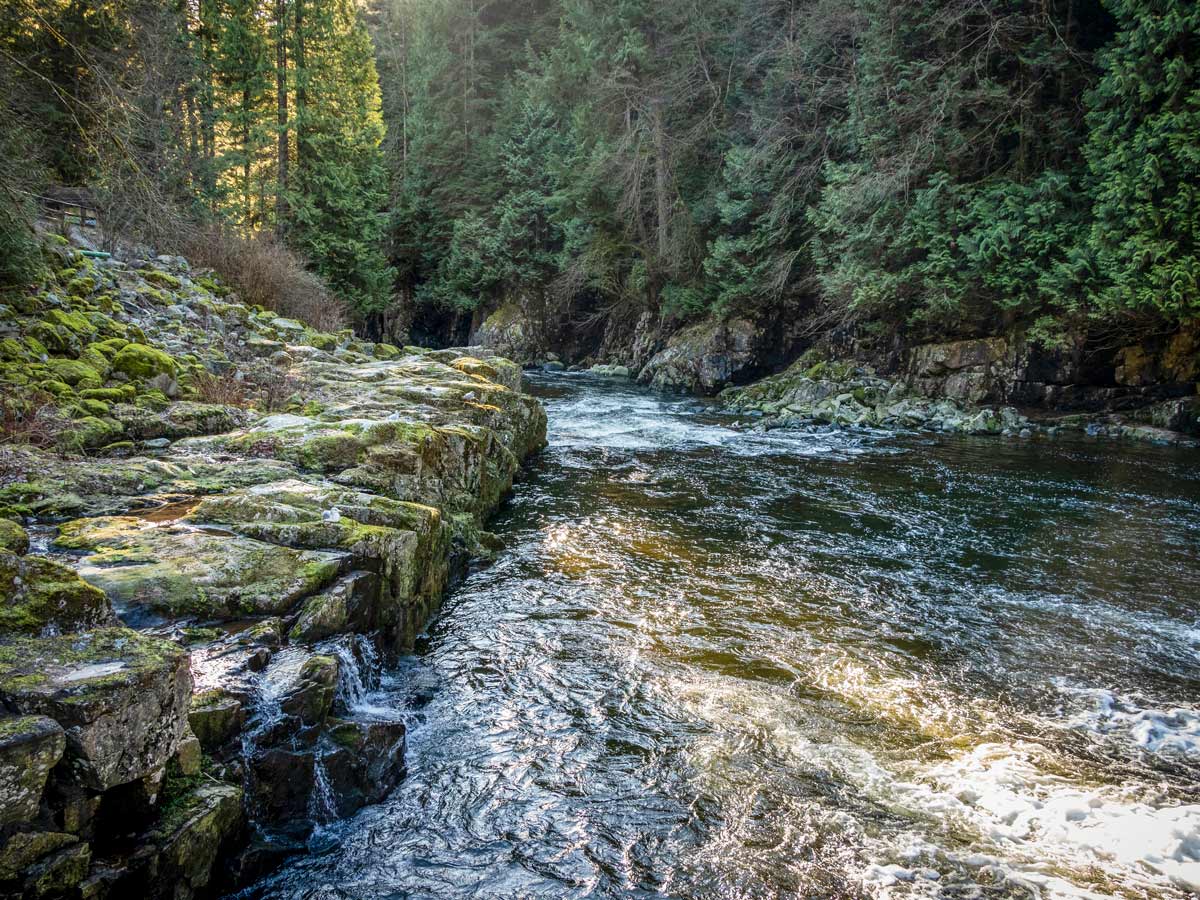 Rock banks of the Capilano river near North Shore Vancouver BC