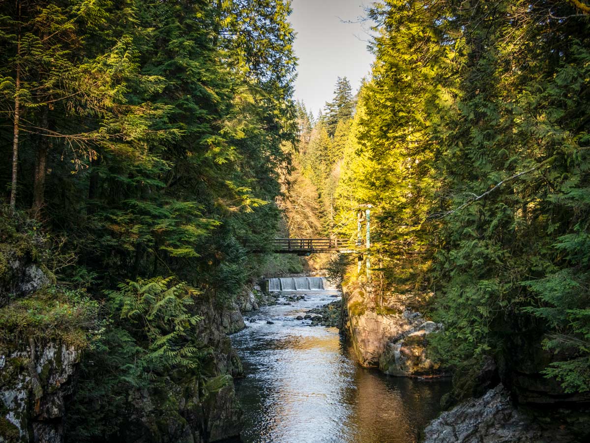 Looking up Capilano River while hiking on Canadas west coast North Shore