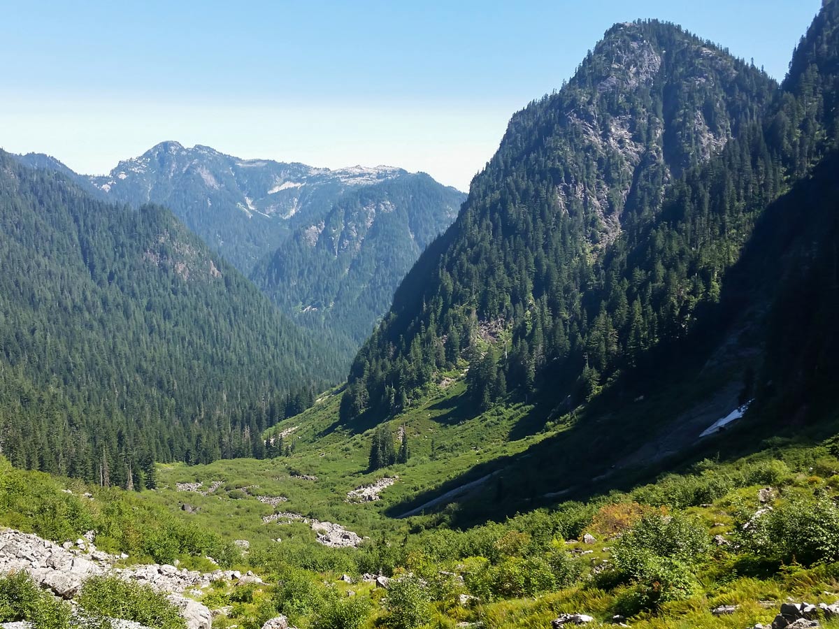 Tall mountains lining Hanes Valley in North Shore region of Western British Columbia