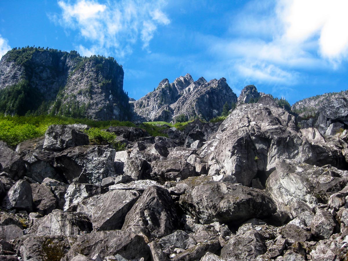 Looking up at rocky hills of Hanes Valley in North Shore region of British Columbia