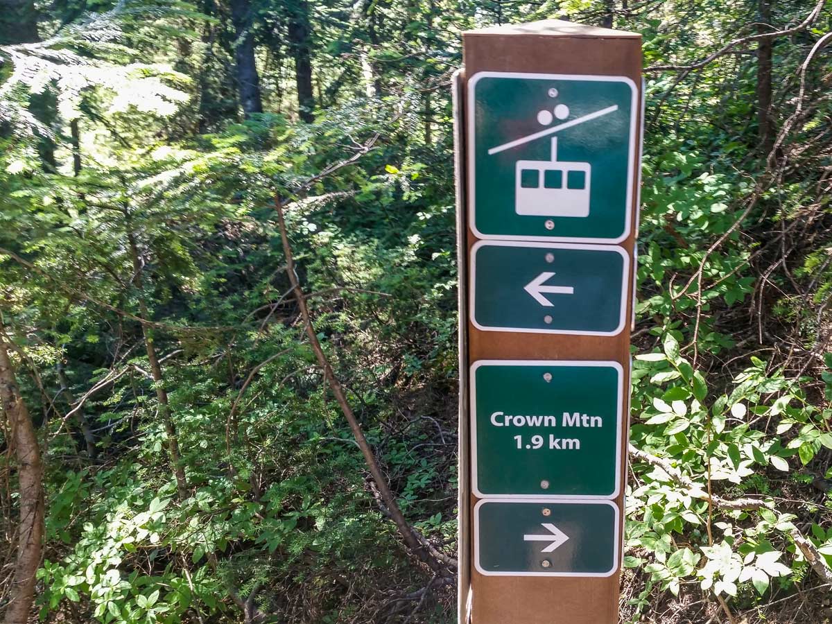 Crowm Mountain and goldola signpost along Hanes Valley hiking trail in North Shore region BC